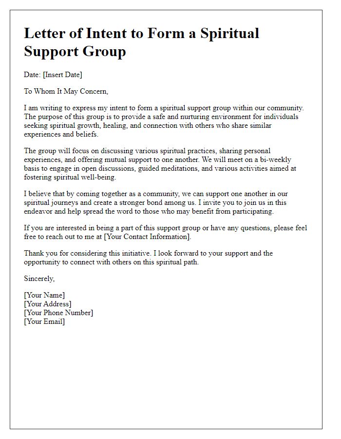 Letter template of intent to form a spiritual support group.