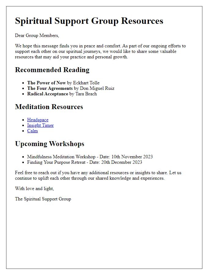 Letter template of resources shared within a spiritual support group.