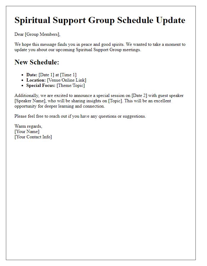 Letter template of updates regarding a spiritual support group schedule.