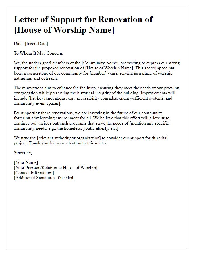 Letter template of community support for house of worship renovation