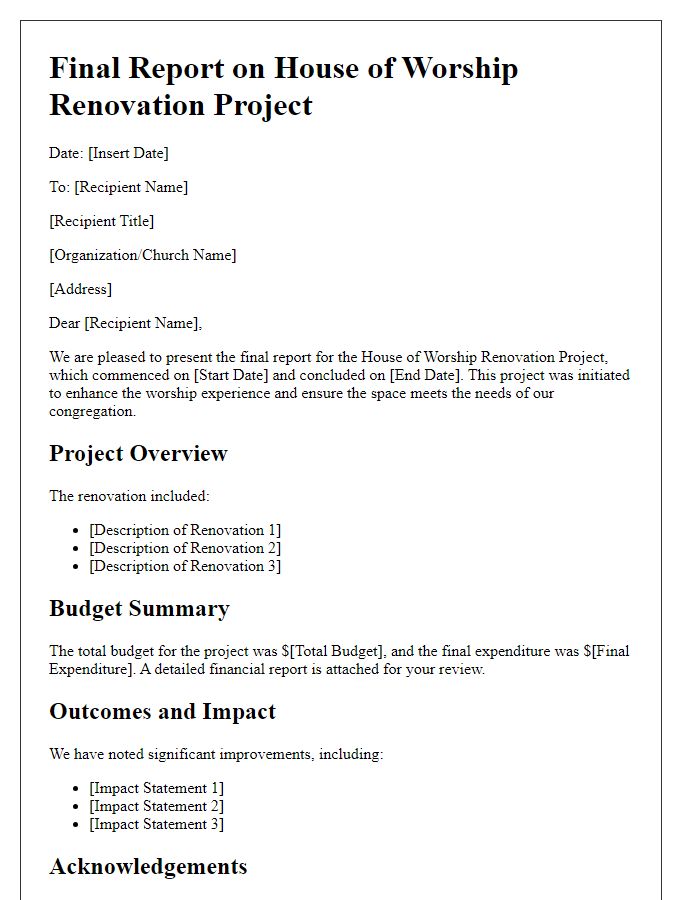 Letter template of final report on house of worship renovation project