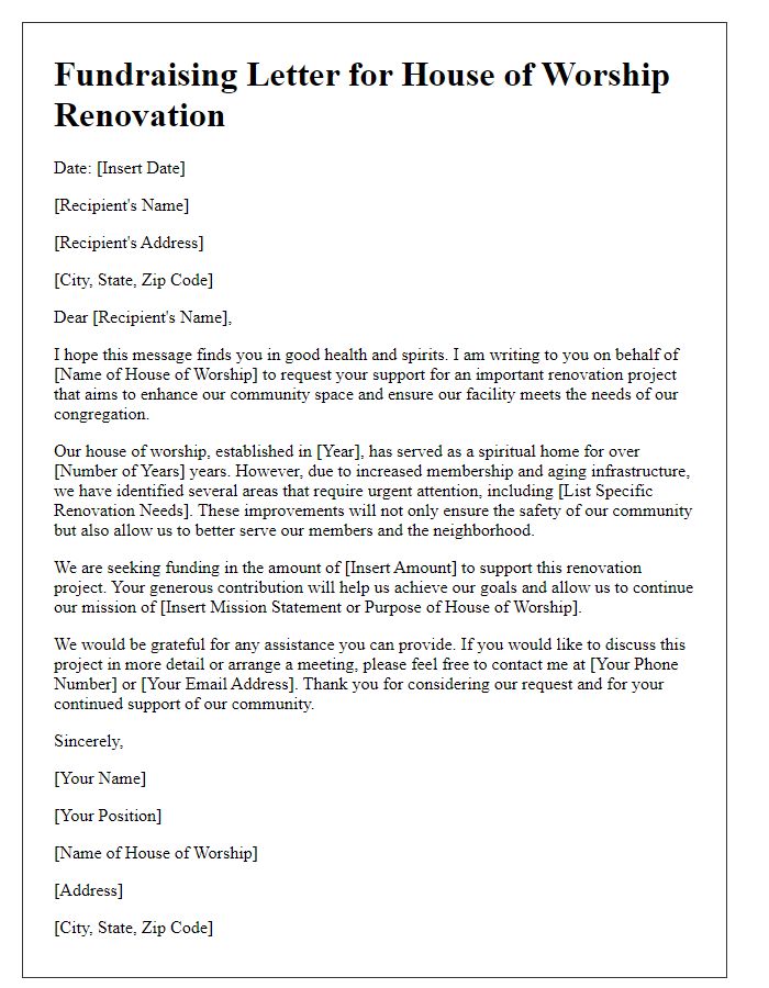 Letter template of funding request for house of worship renovation