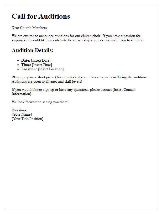 Letter template of call for auditions for church choir.