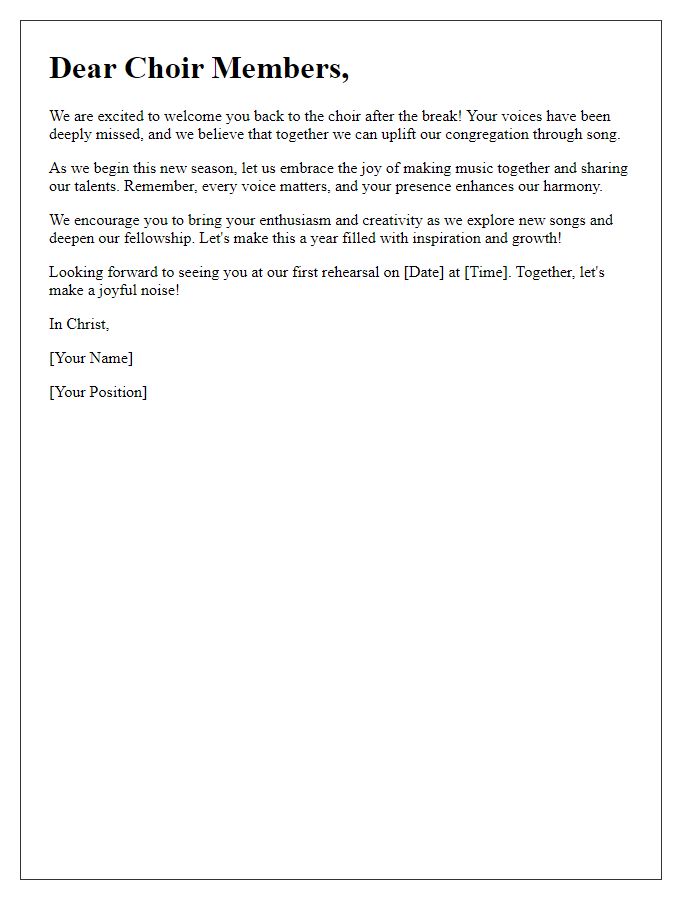 Letter template of encouragement for returning church choir members.