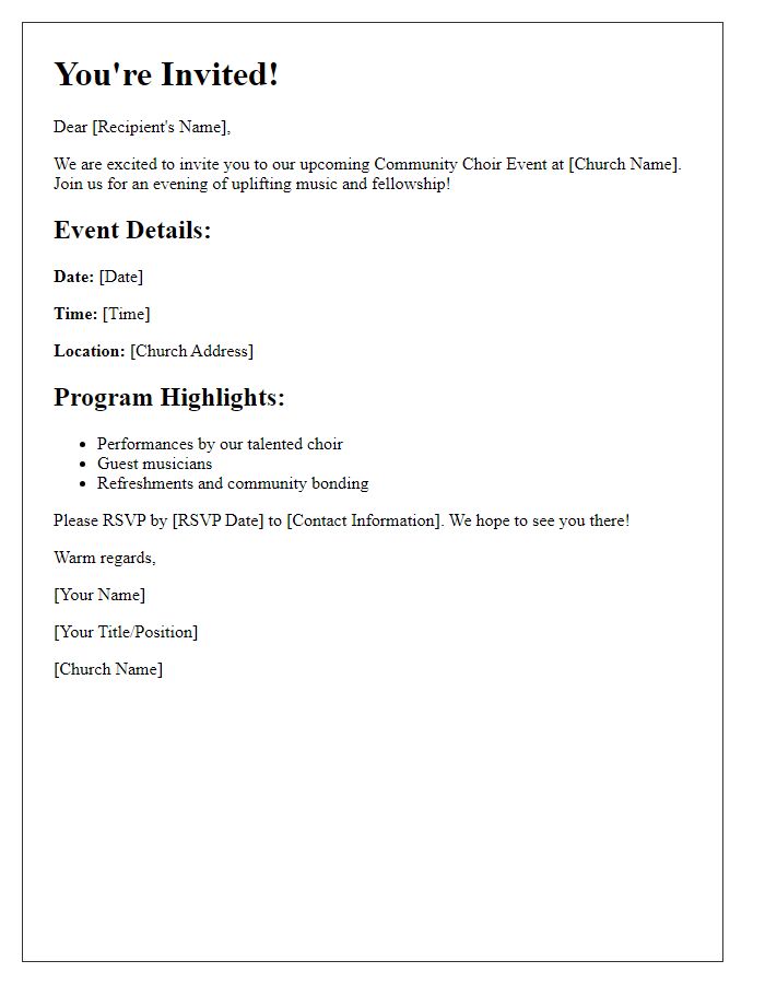 Letter template of invitation for community choir event at church.