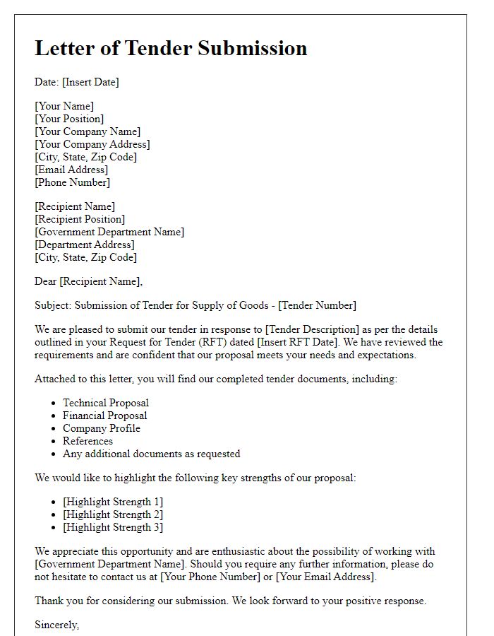 Letter template of government tender submission for supply of goods