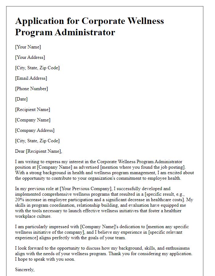 Letter template of application for corporate wellness program administrator