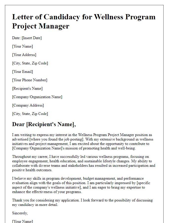 Letter template of candidacy for wellness program project manager