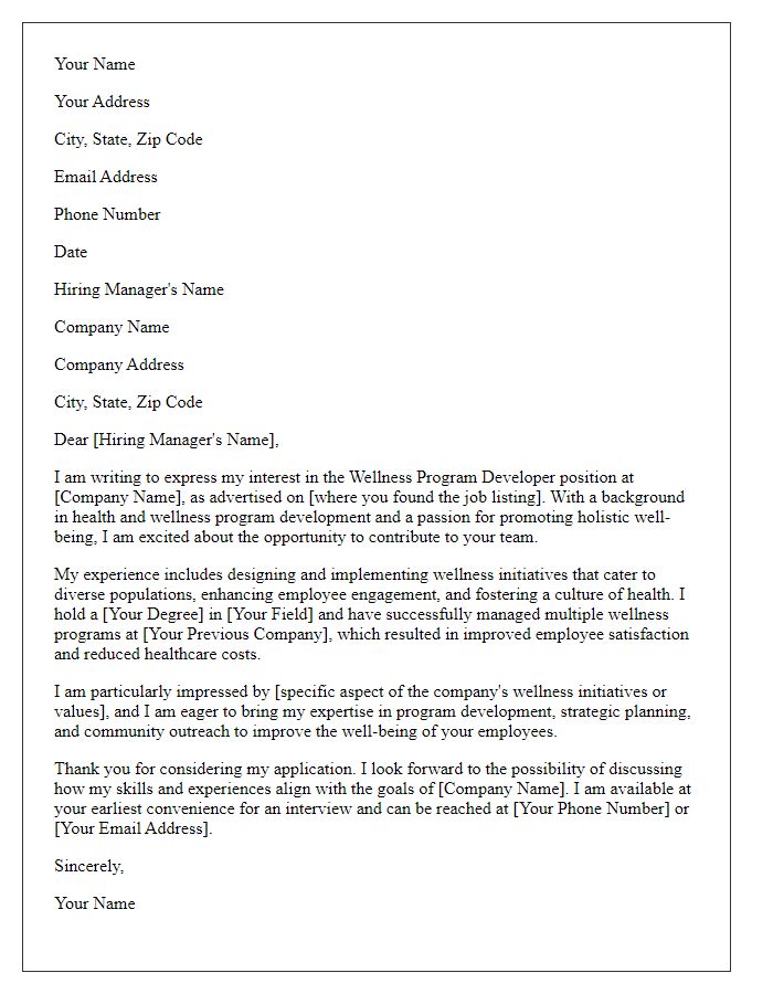 Letter template of formal application for wellness program developer position