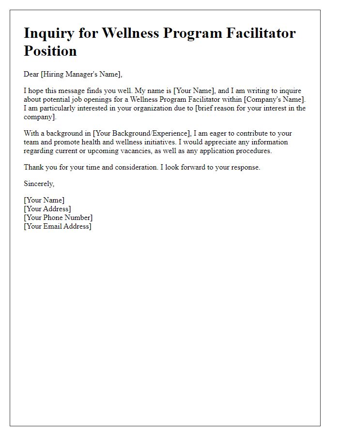 Letter template of inquiry for wellness program facilitator job