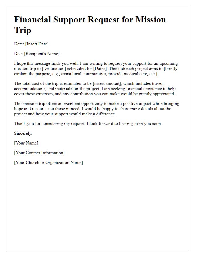 Letter template of financial support request for mission trip or outreach project