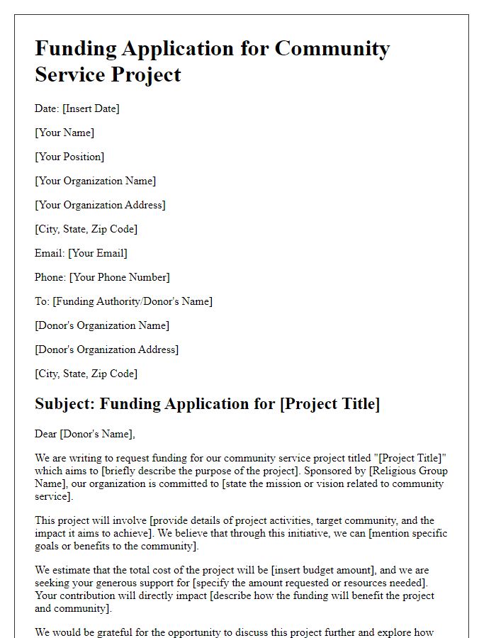 Letter template of funding application for community service projects sponsored by a religious group