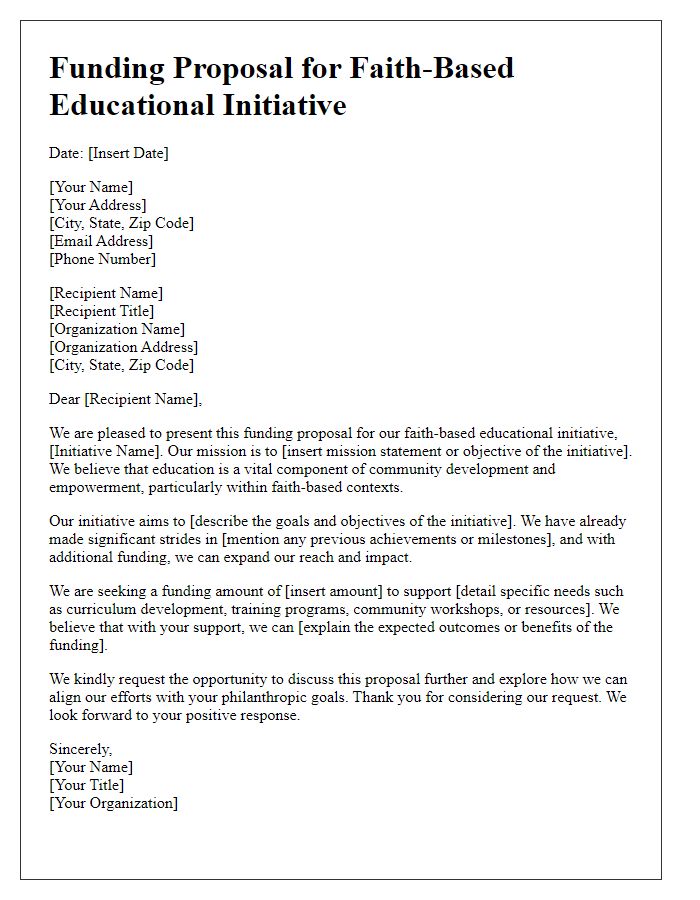 Letter template of funding proposal for faith-based educational initiative