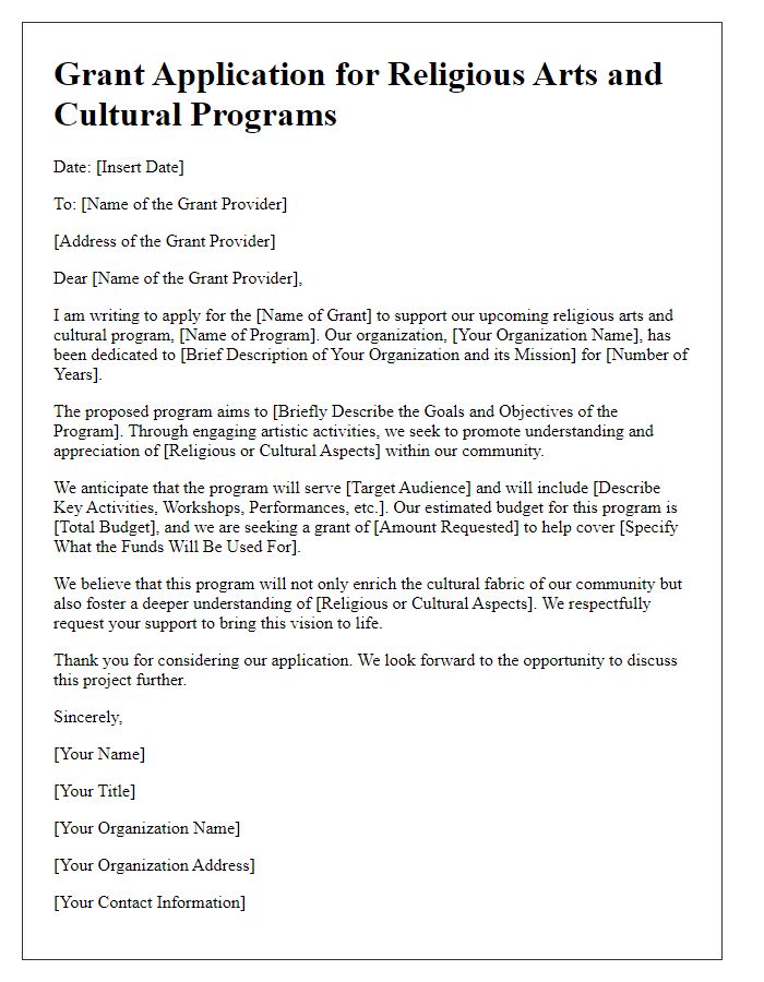 Letter template of grant application for religious arts and cultural programs