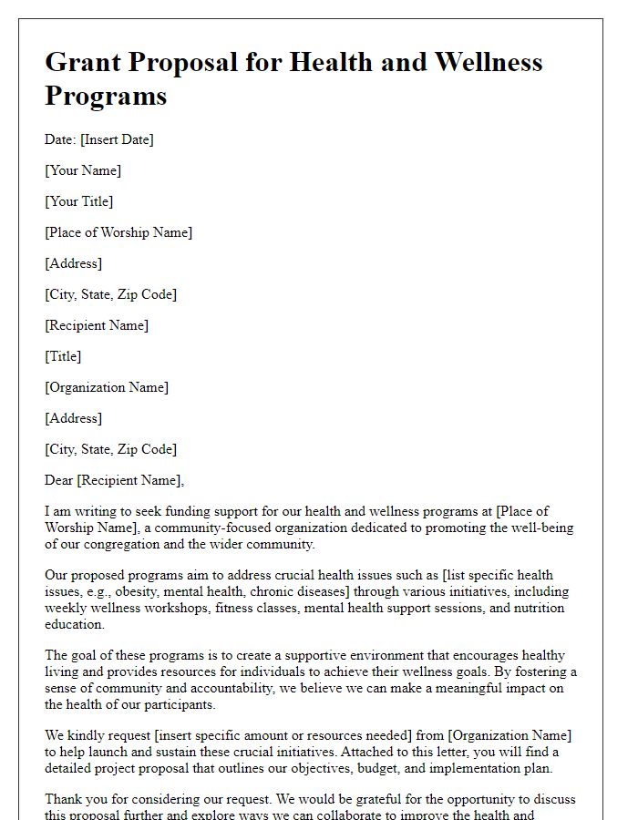 Letter template of grant proposal for health and wellness programs at a place of worship