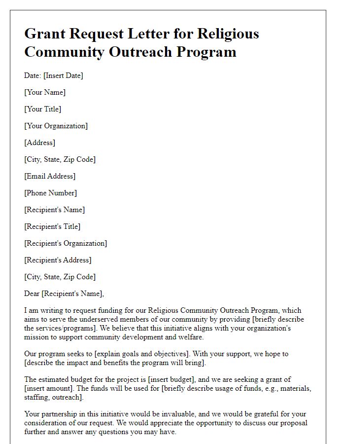 Letter template of grant request for religious community outreach program