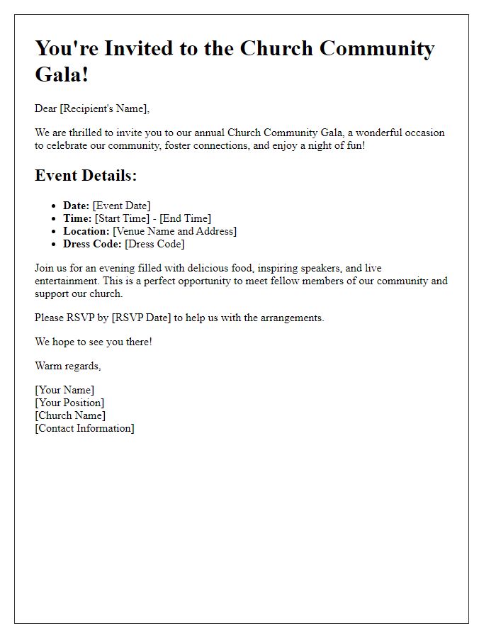 Letter template of Church Community Gala Invitation