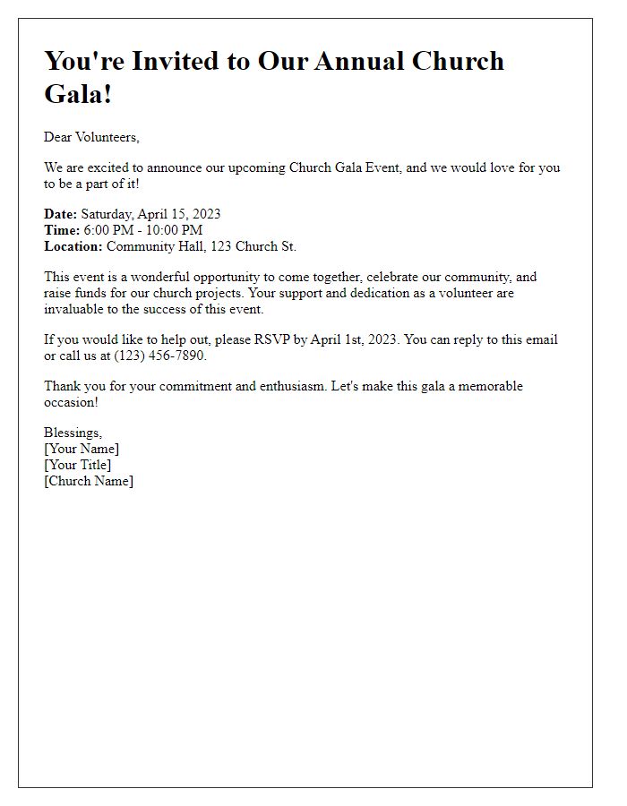 Letter template of Church Gala Event Invitation for Volunteers