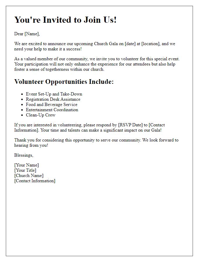 Letter template of Church Gala Volunteer Recruitment Invitation