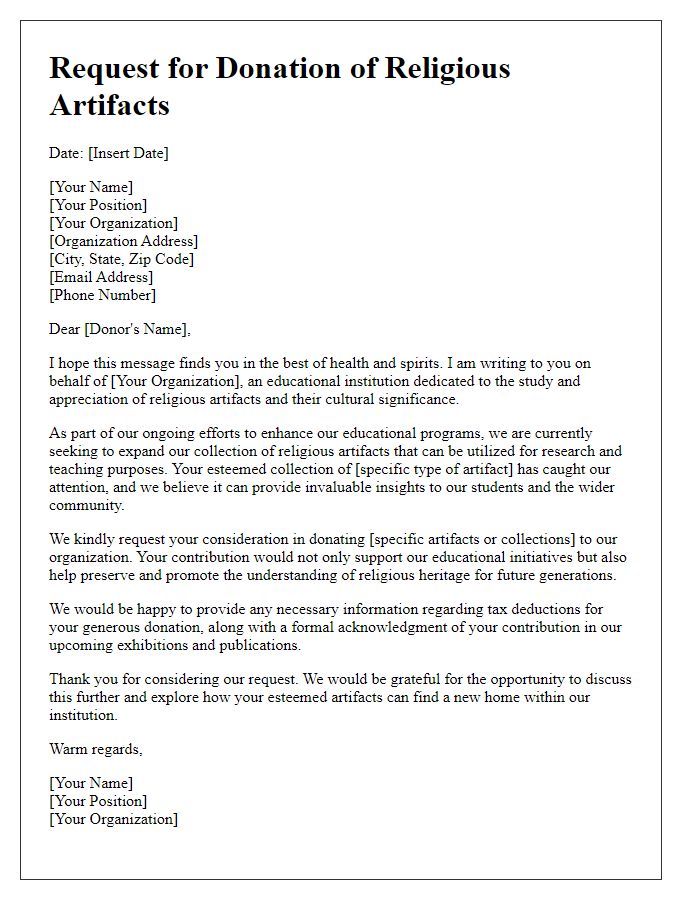 Letter template of religious artifact donation request for educational purposes.