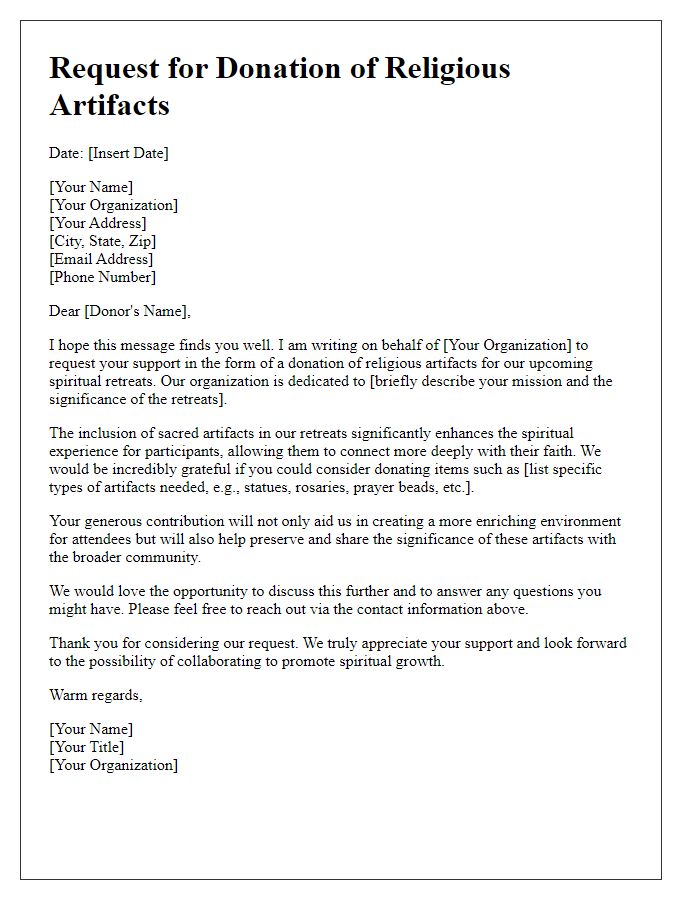 Letter template of religious artifact donation request for spiritual retreats.