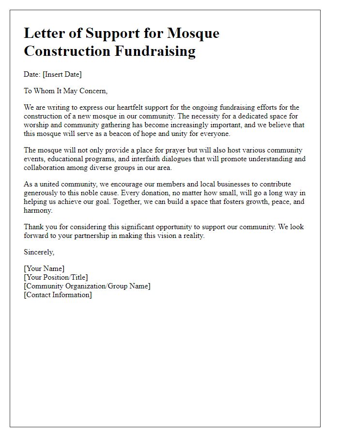 Letter template of community support for mosque construction fundraising