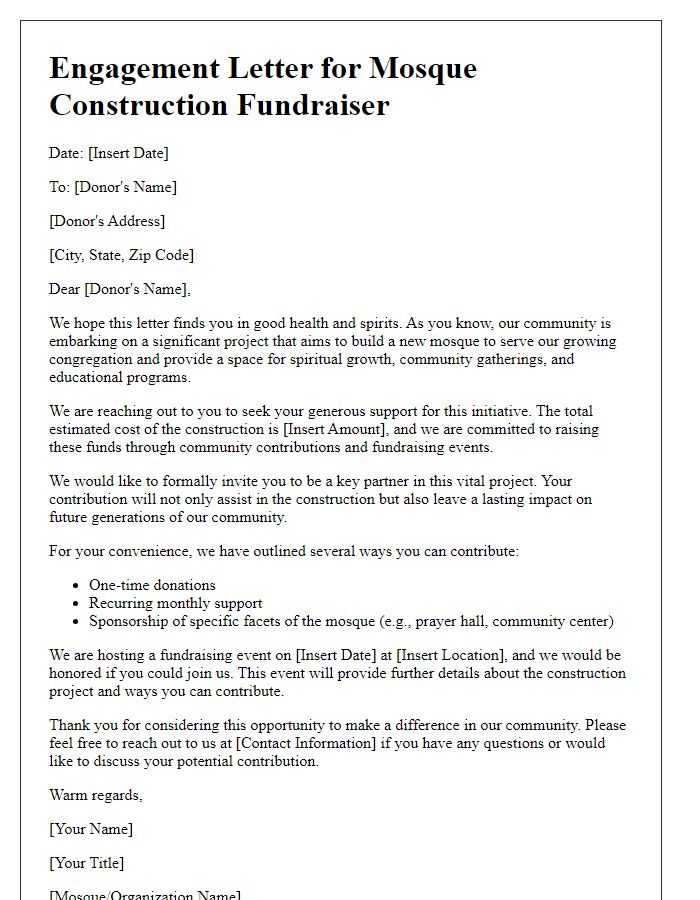 Letter template of engagement letter for mosque construction fundraiser