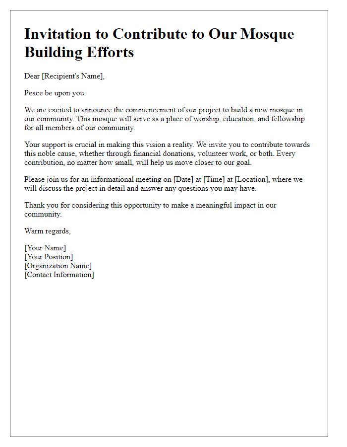 Letter template of invitation to contribute to mosque building efforts