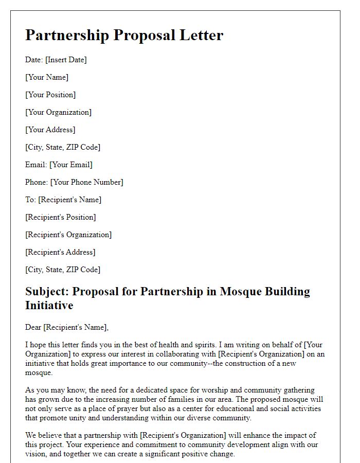 Letter template of partnership proposal for mosque building initiative