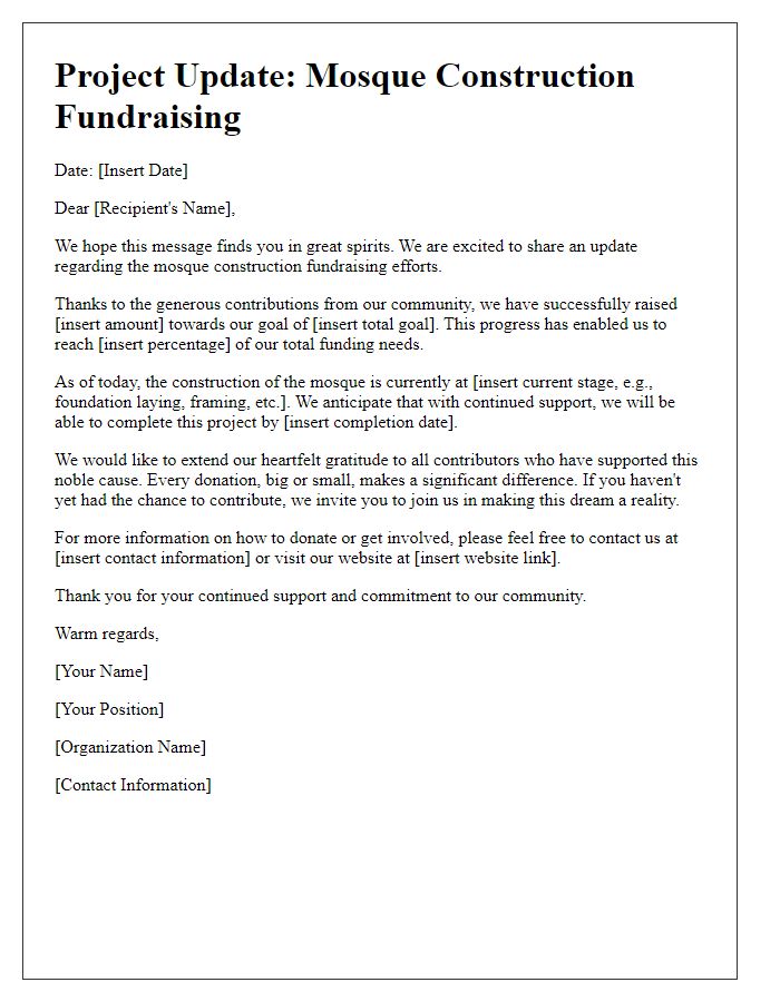 Letter template of project update on mosque construction fundraising