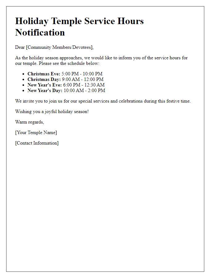 Letter template of holiday temple service hours