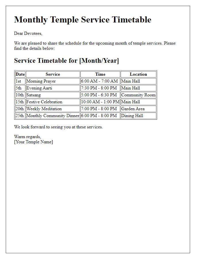 Letter template of monthly temple service timetable