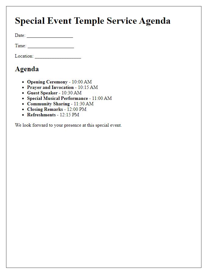 Letter template of special event temple service agenda