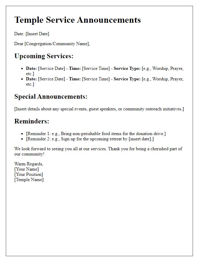 Letter template of temple service announcements and reminders