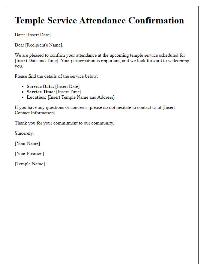 Letter template of temple service attendance confirmation