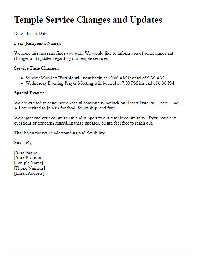 Letter template of temple service changes and updates