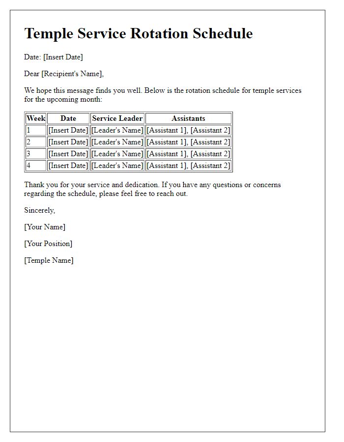 Letter template of temple service rotation schedule