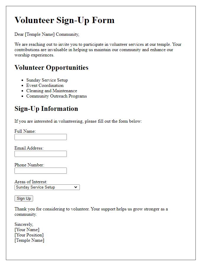 Letter template of volunteer sign-up for temple services