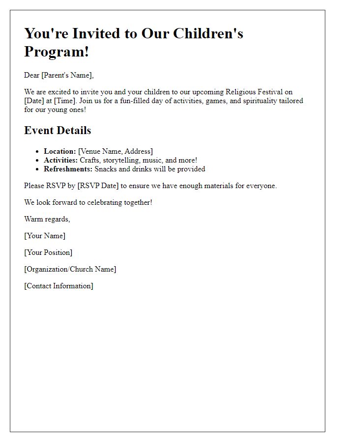 Letter template of Religious Festival Invitation for Children's Program