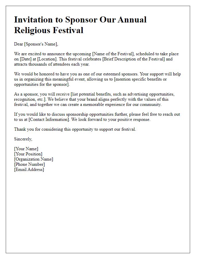 Letter template of Religious Festival Invitation for Sponsors