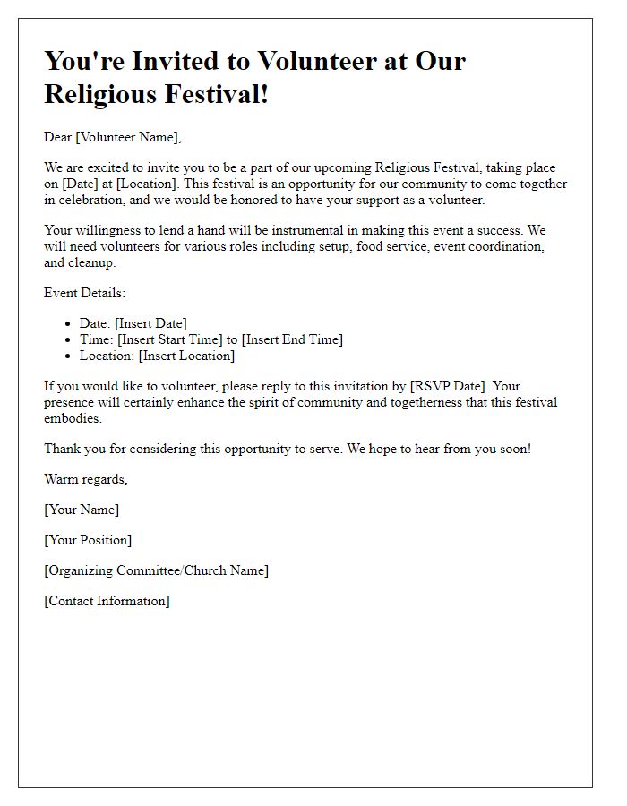 Letter template of Religious Festival Invitation for Volunteers