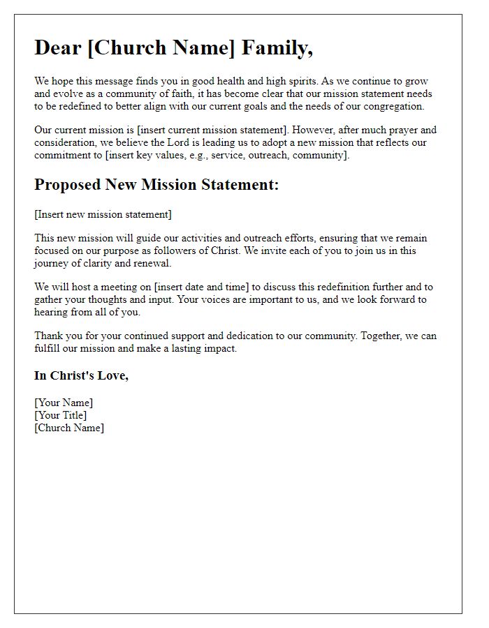 Letter template of church mission redefinition for clarity