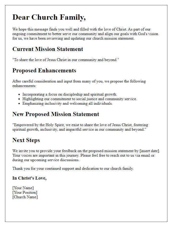 Letter template of church mission statement improvement update