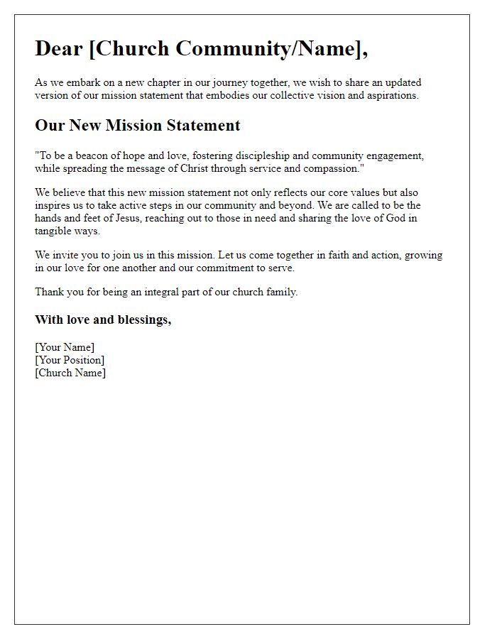 Letter template of inspirational mission statement change for the church