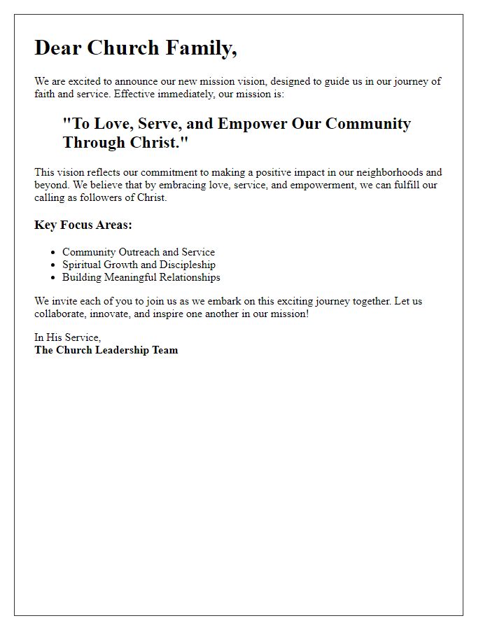 Letter template of new church mission vision announcement