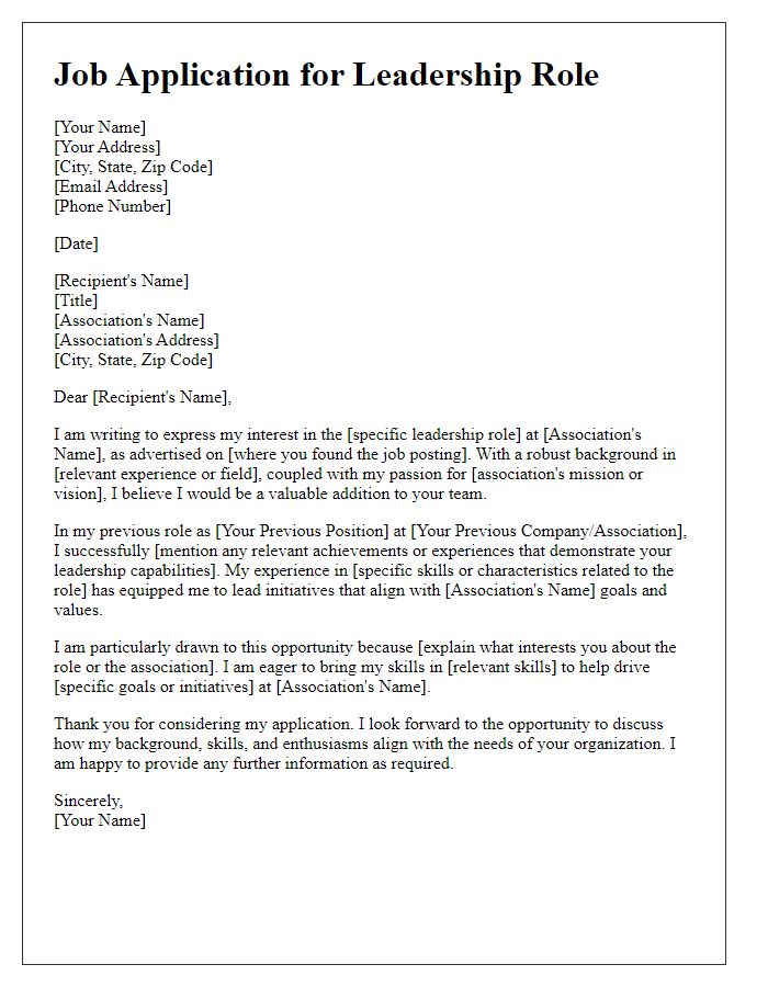 Letter template of job application for a leadership role in a professional association.