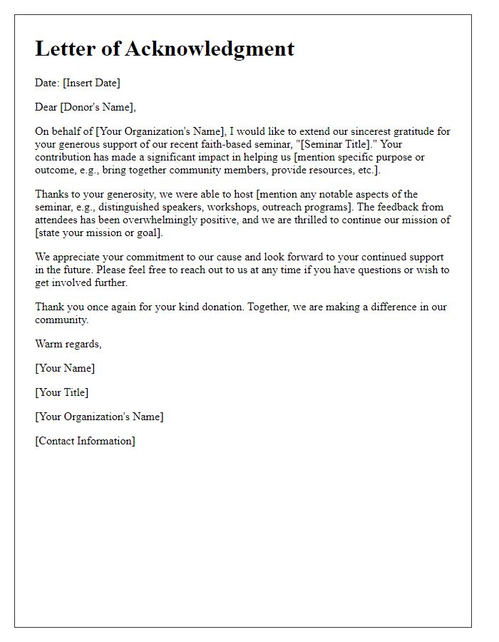 Letter template of acknowledgment for faith-based seminar donors