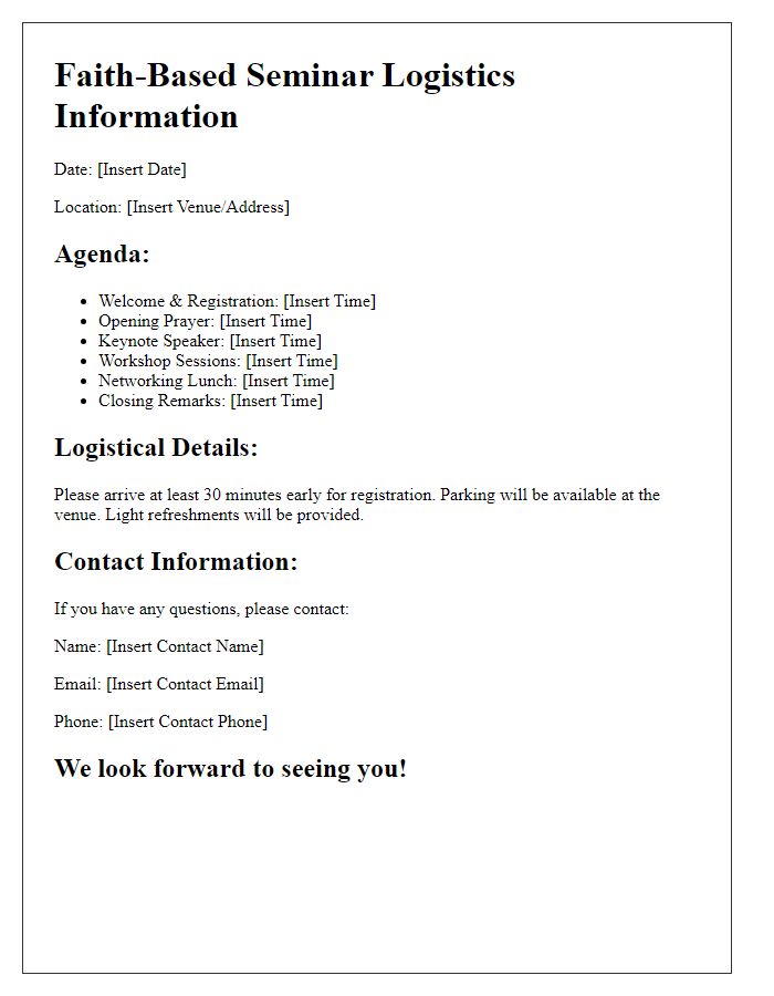 Letter template of information for faith-based seminar logistics