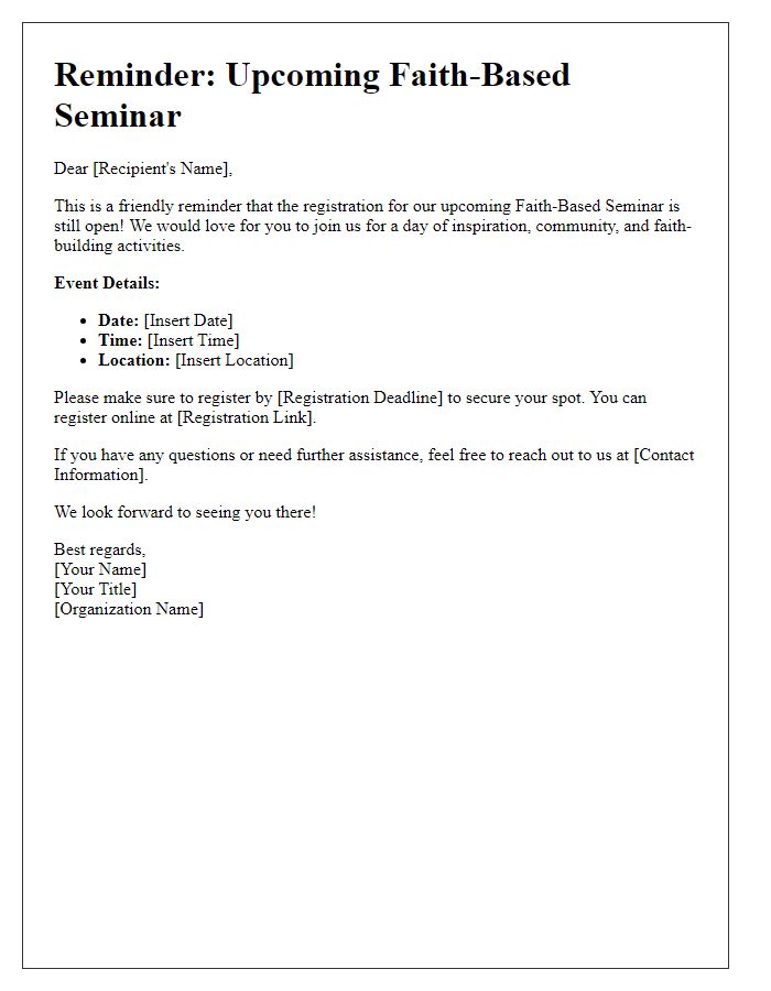 Letter template of registration reminder for faith-based seminar