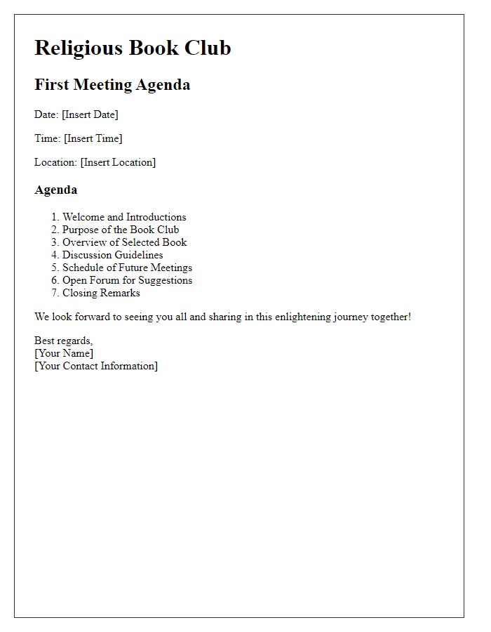 Letter template of agenda for the first meeting of the religious book club